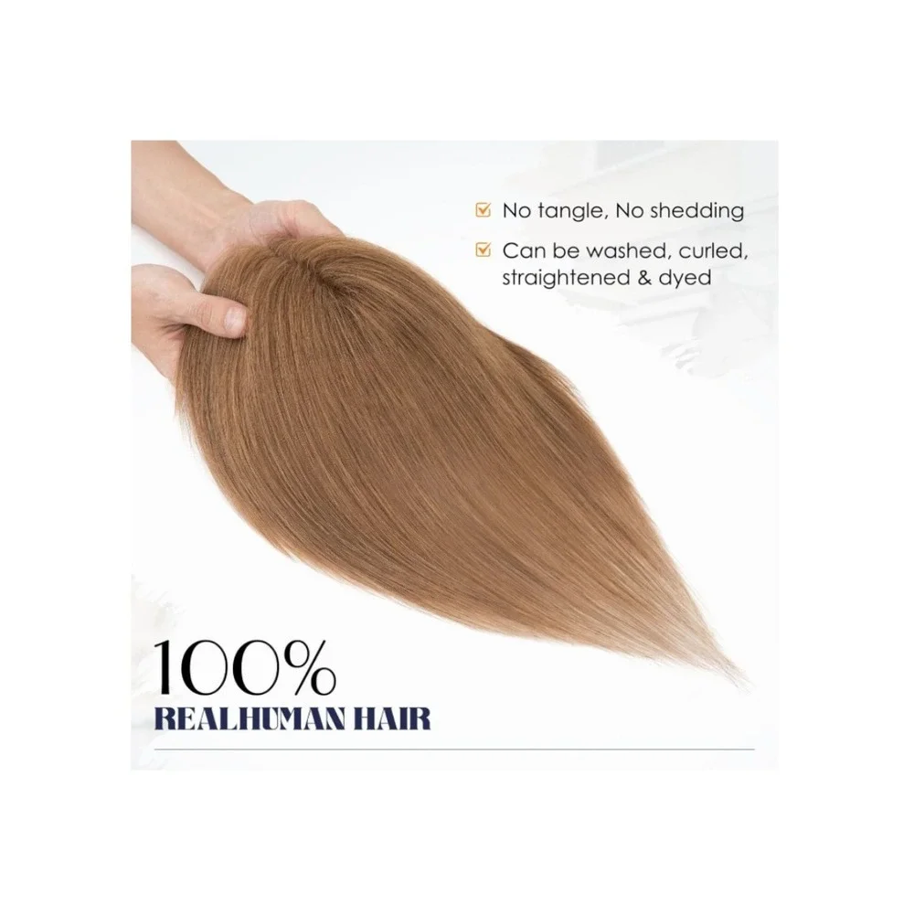 Real Human Hair Topper 10 Inch Light Brown‎ Remy Hairpiece Lace Base Bangs Light